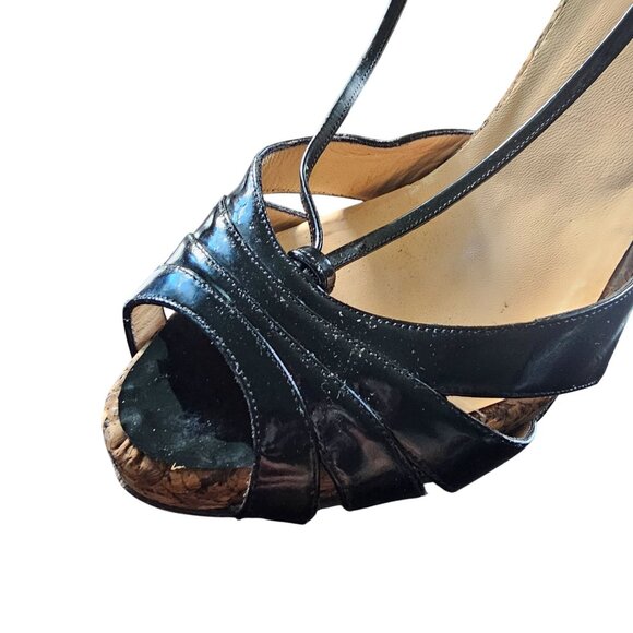 Christian Louboutin Black Patent Leather Cork Peep-Toe Stilettos Heels size 38.5 - Picture 2 of 12